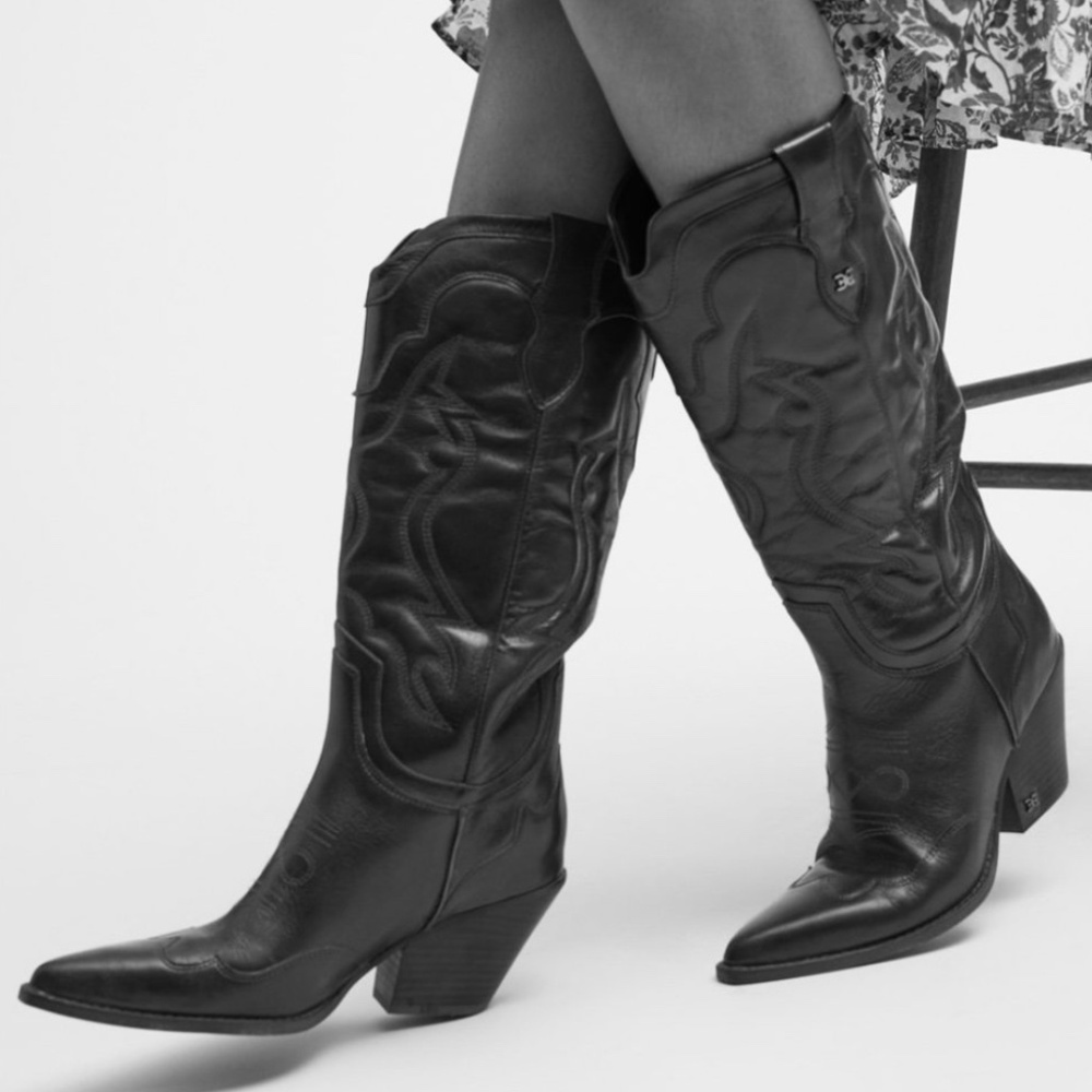 Sam Edelman James Pointed Toe Western Boots Black Wide Calf